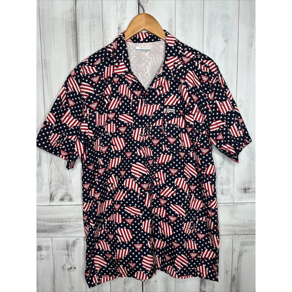MENS COLUMBIA PFG‎ TROLLERS BEST SHORT SLEEVE VENTED FISHING STARS STRIPES USA M